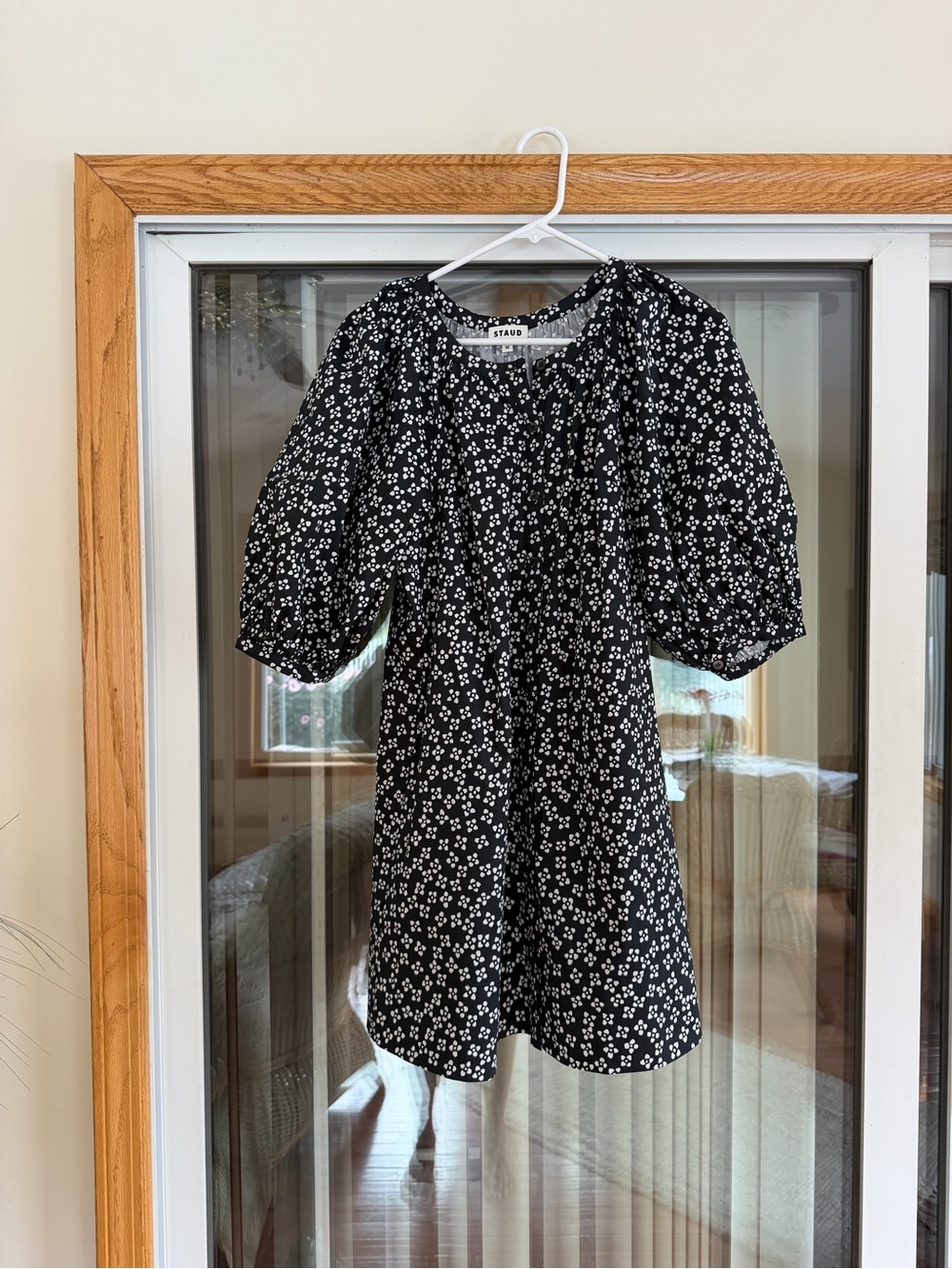 STAUD Black and White Floral Puff-Sleeve Vincent Mini Dress, Cotton Poplin